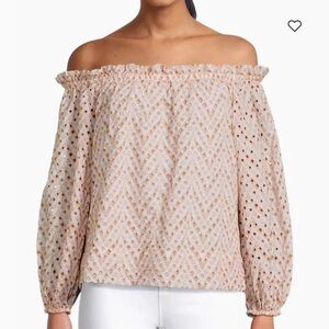 Lilly Pulitzer Aimes Off the Shoulder white Eyelet Top gold Metallic Eyelet sz L